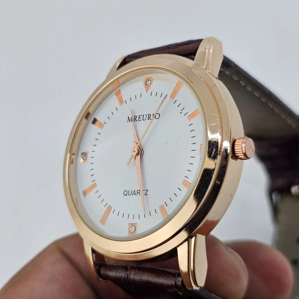 Men's‎ Watch 40MM White Gold Case Dial Brown Leather Bands New Battery